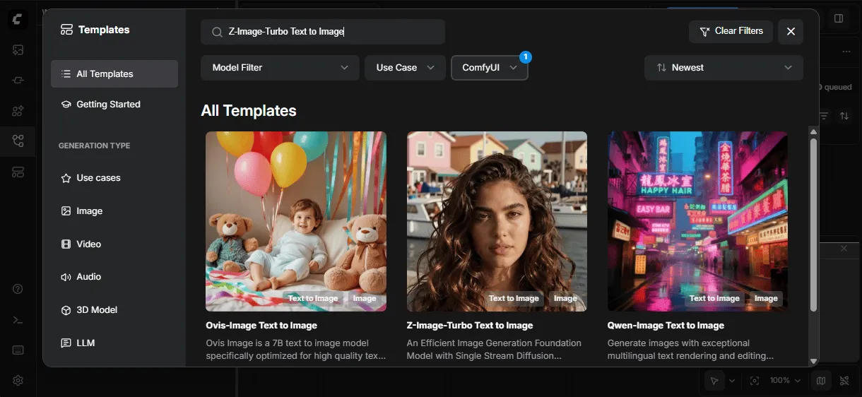 Selecting the Z-Image Turbo template