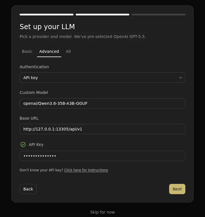 Agent Canvas first-use LLM Advanced settings with the Lemonade model and local base URL