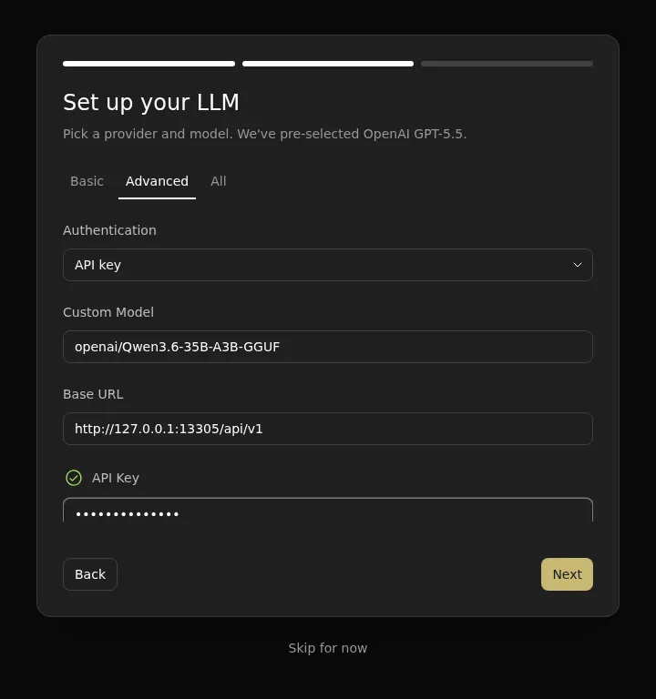 Agent Canvas first-use LLM Advanced settings with the Lemonade model and local base URL