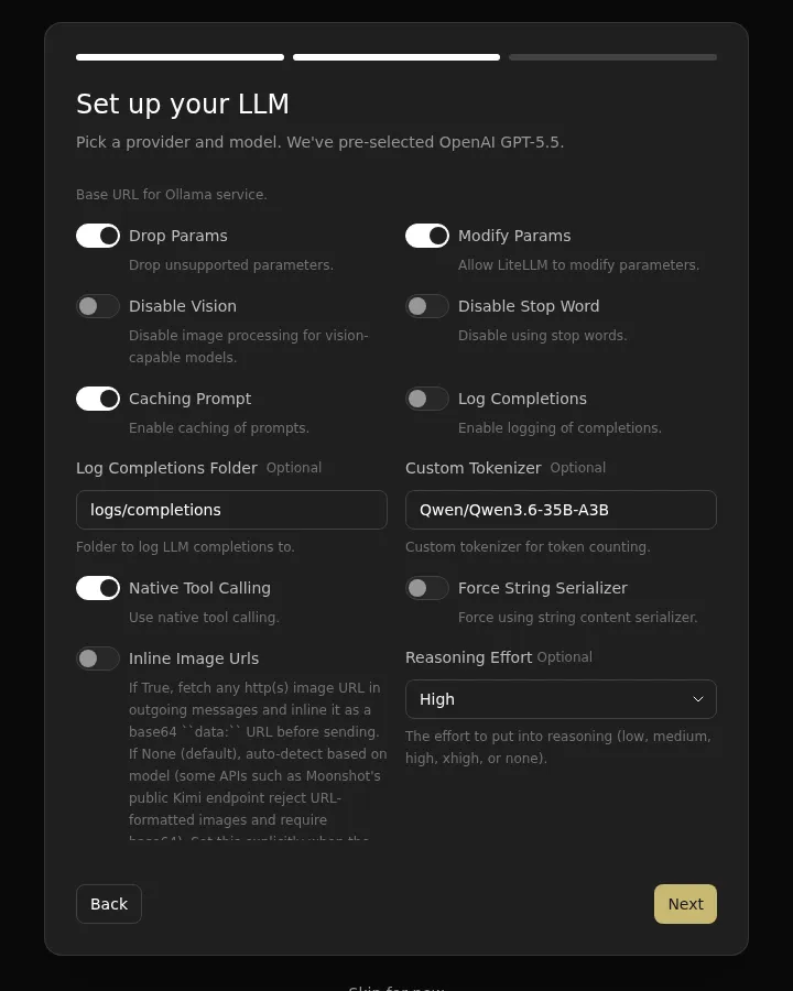 Agent Canvas first-use LLM All tab with the Qwen custom tokenizer
