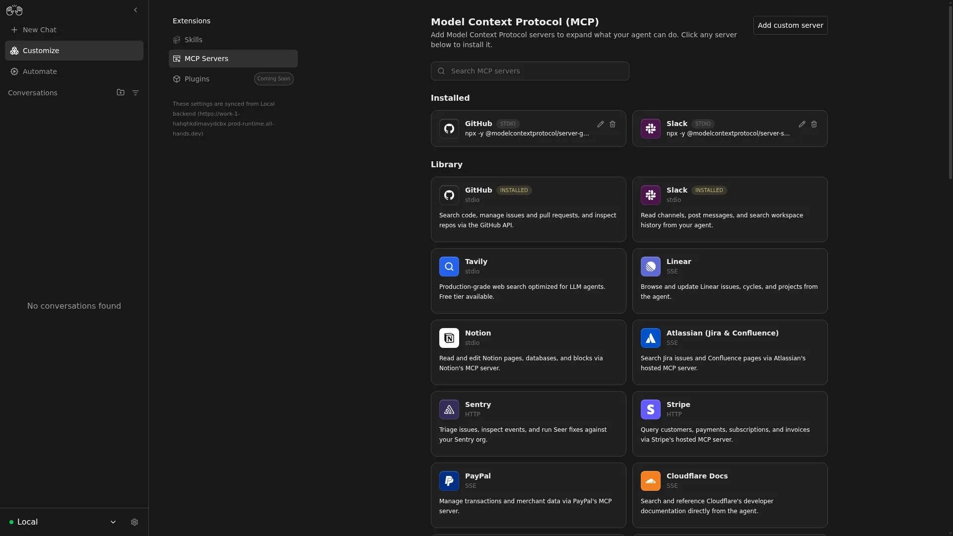 Agent Canvas MCP page with GitHub and Slack servers installed