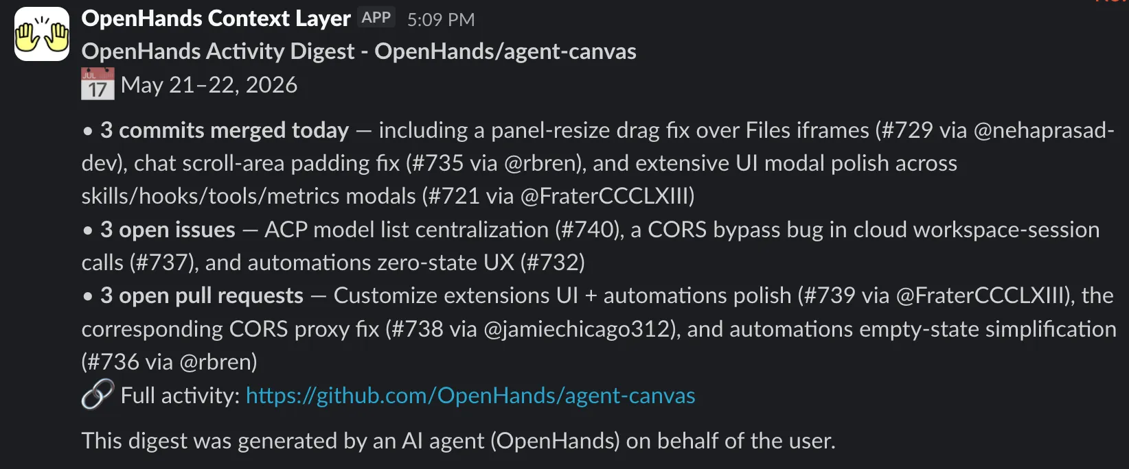 Slack channel showing the generated OpenHands digest