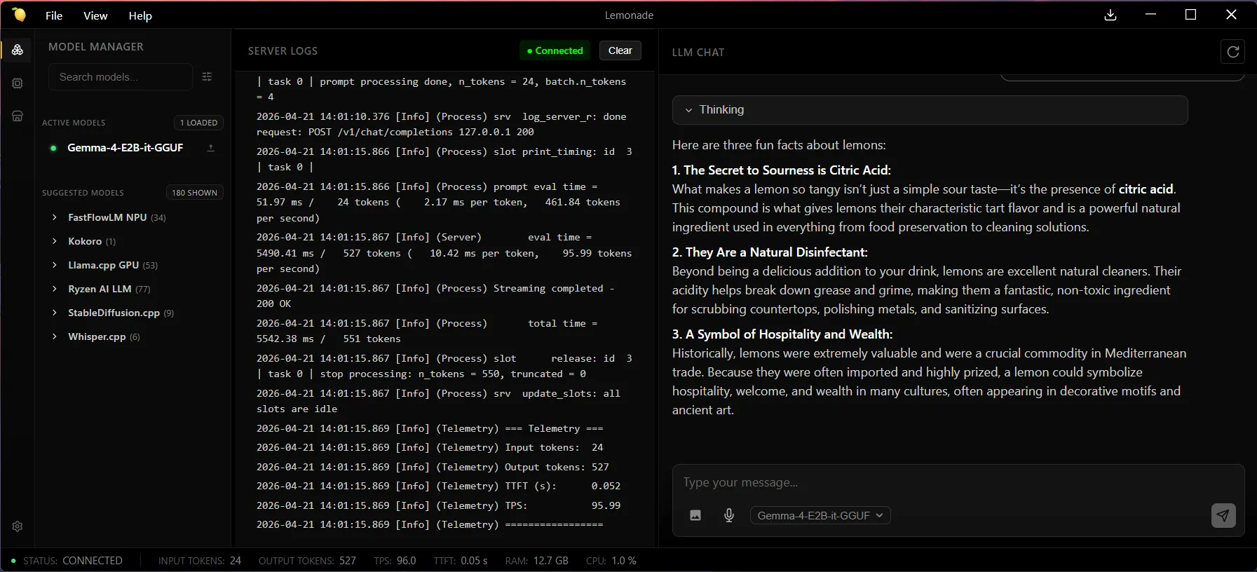 Lemonade App with Logs displayed