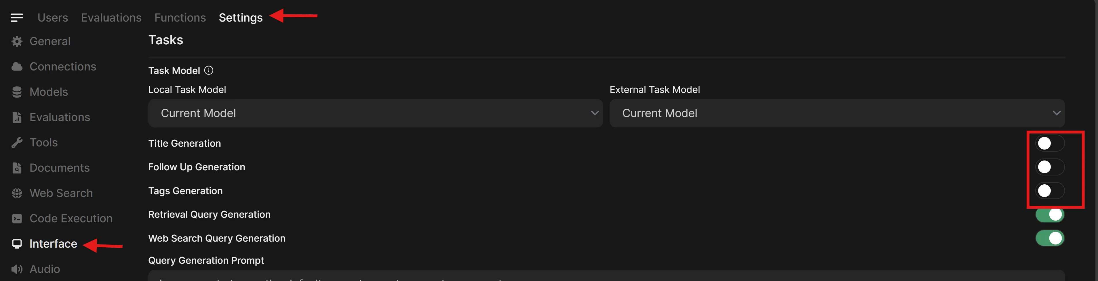 Admin Settings Interface — disable Title, Follow Up, and Tags Generation