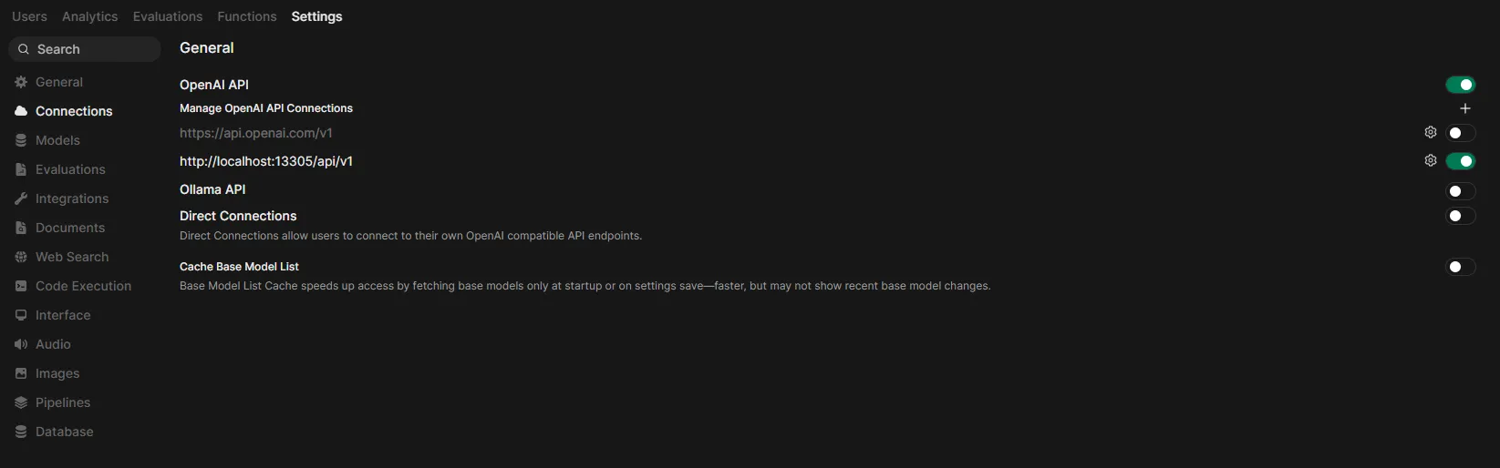 Admin Settings Connections page