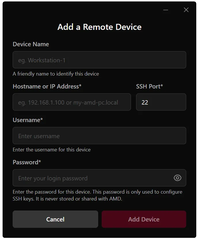 AMD Sync Add a Remote Device form
