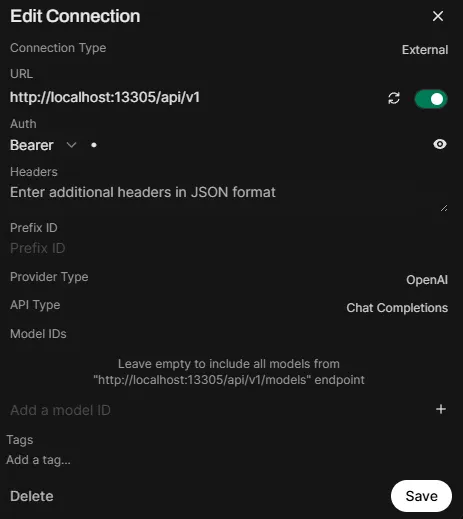 Connection details for Lemonade server
