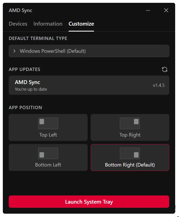 AMD Sync Settings menu Customize tab