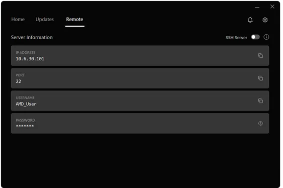 AMD Ryzen AI Developer Center Remote tab showing SSH Server toggle and Server Information