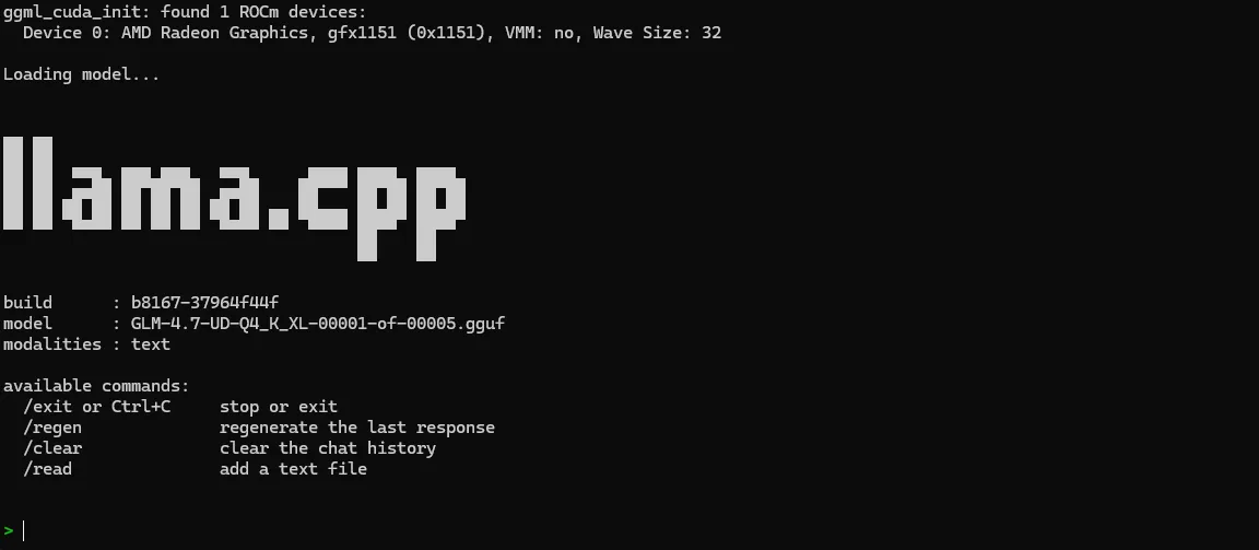 llama-cli running GLM 4.7 across two nodes