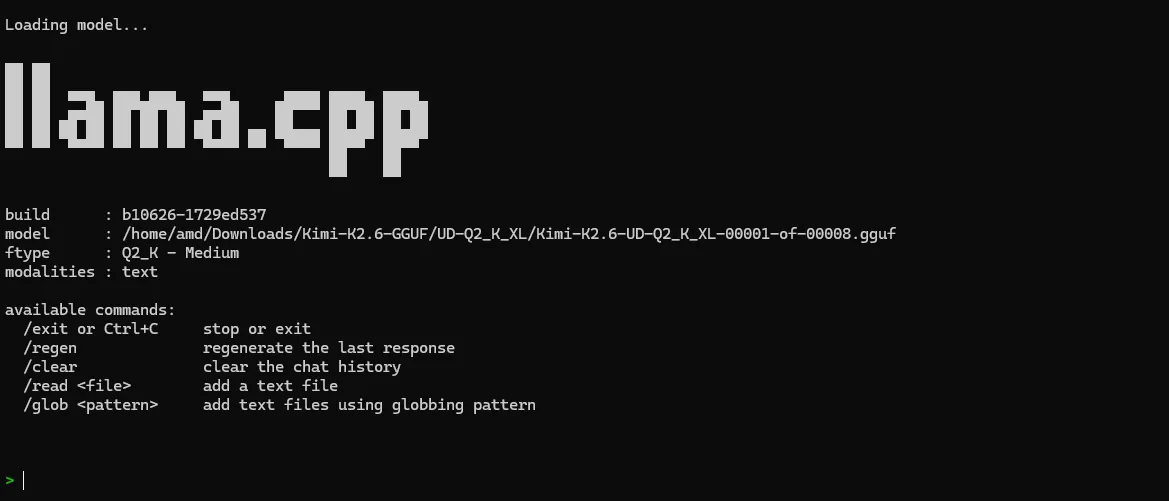 llama-cli running Kimi K2.6 across four nodes