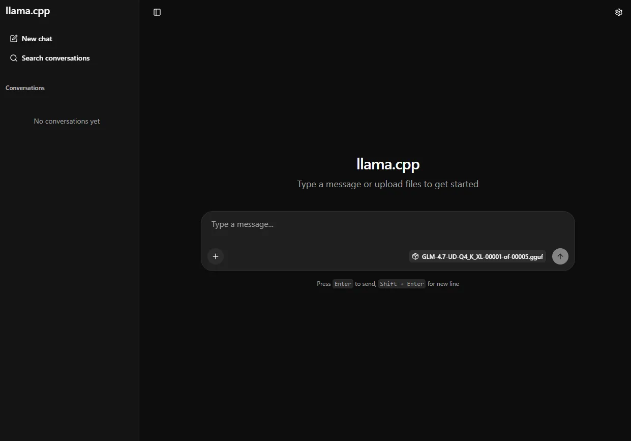 llama-server web UI running GLM 4.7 across two nodes