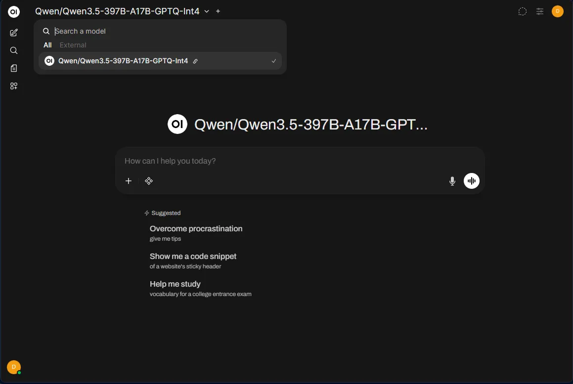 Chatting with Qwen3.5-397B in Open WebUI