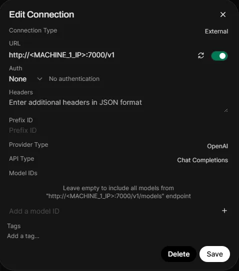Open WebUI connection settings for the vLLM endpoint