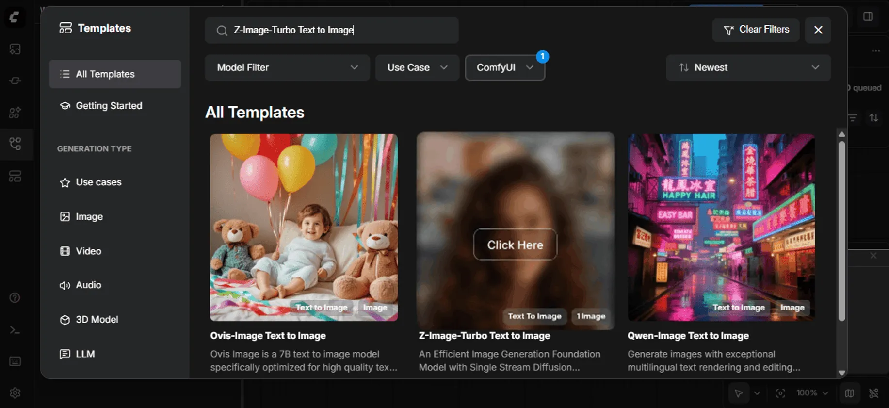 Selecting the Z-Image Turbo template
