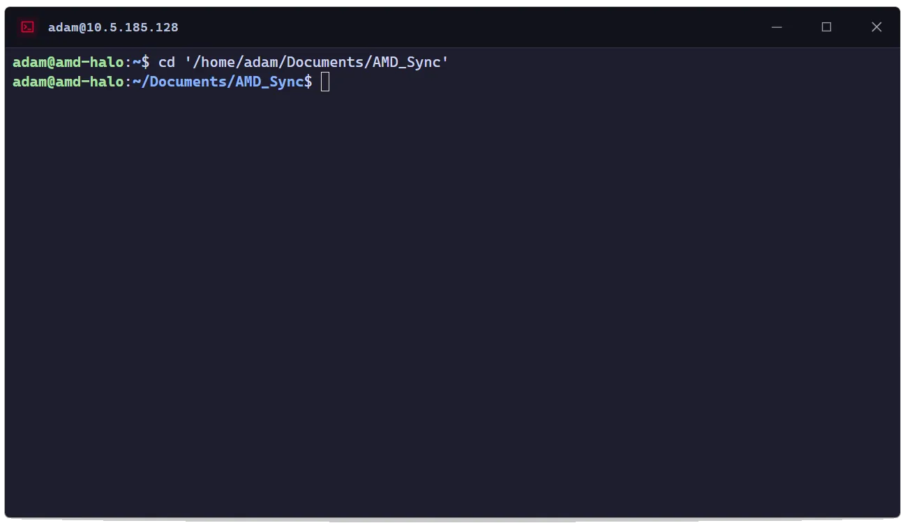 Local terminal SSH-connected to the Ryzen AI Halo in ~/Documents/AMD_Sync