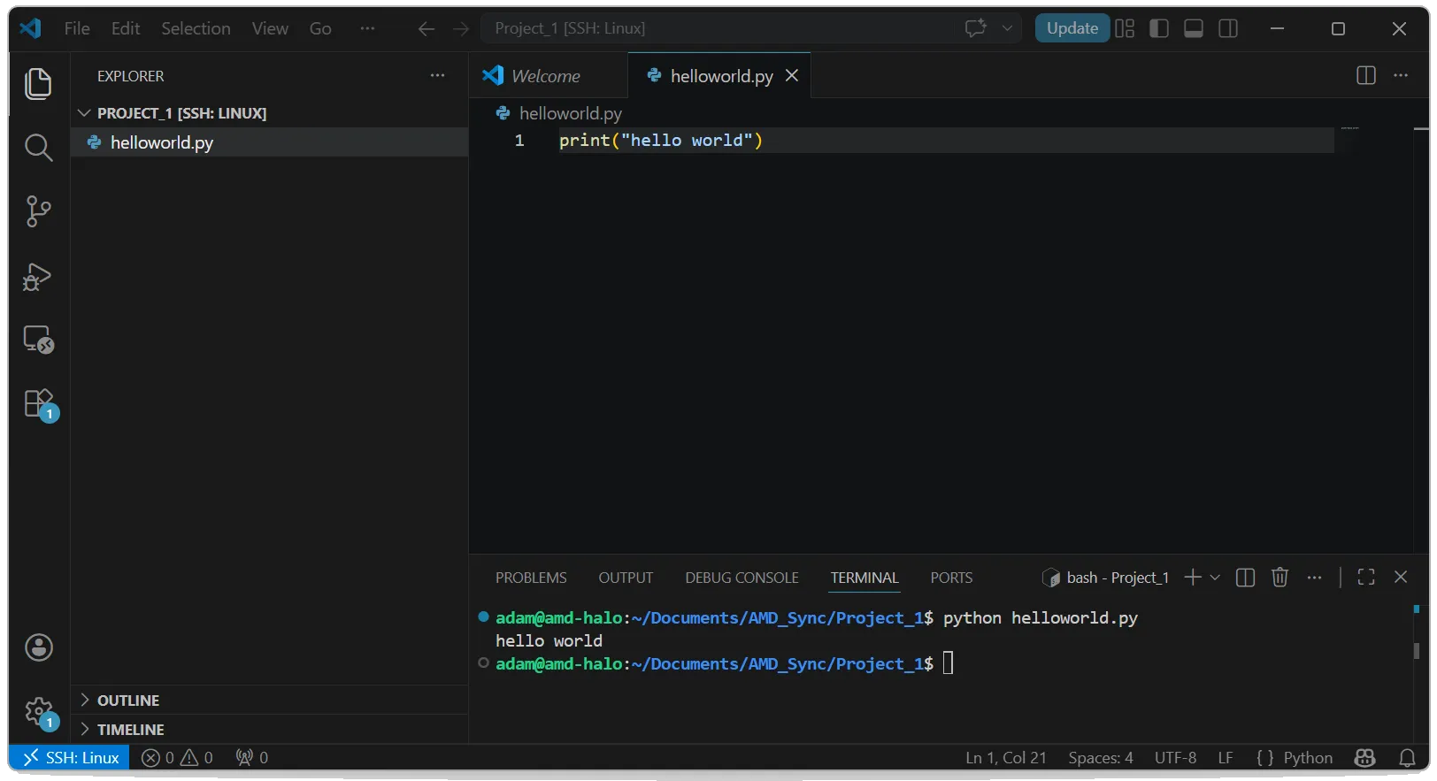 VS Code SSH-tunneled into Project_1 on the Ryzen AI Halo, running helloworld.py