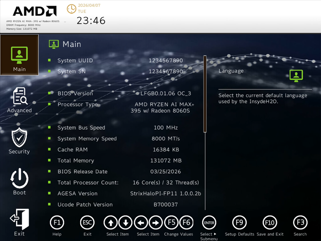 BIOS Main menu showing system information