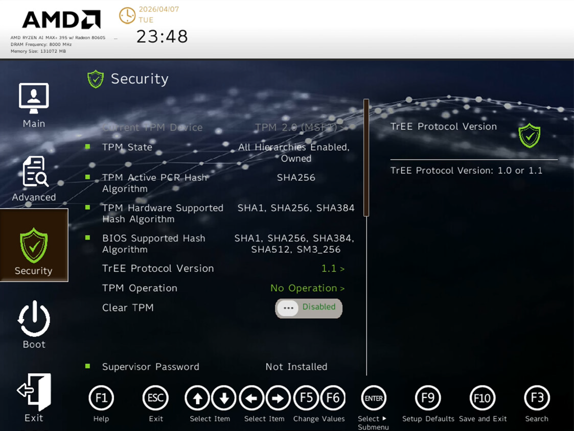 BIOS Security menu