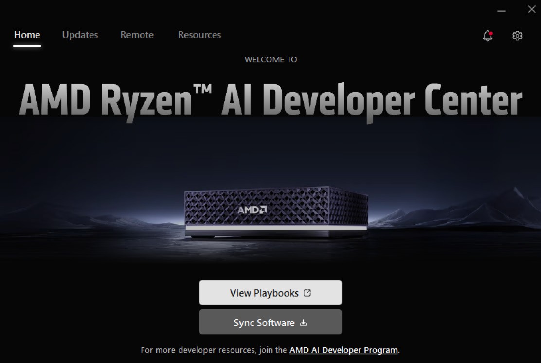 AMD Ryzen AI Developer Center Home page with the Sync Software button