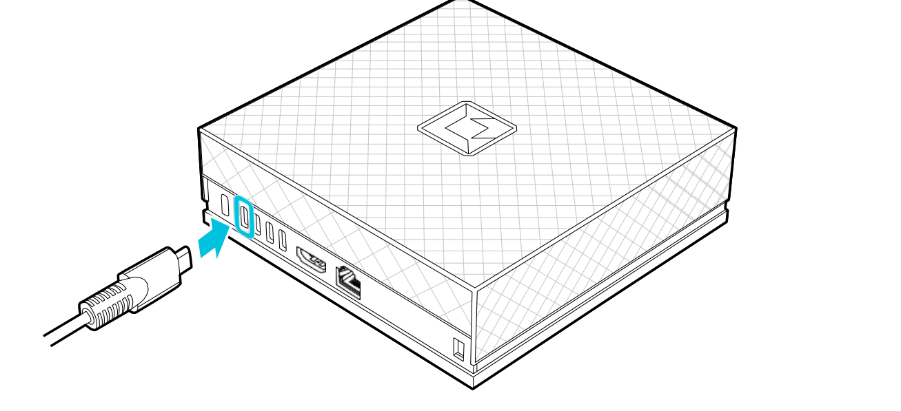 Connecting the power adapter to the DC-In power port at the rear of the system