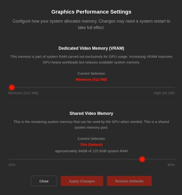 Linux Graphics Performance Settings panel with Dedicated and Shared Video Memory sliders