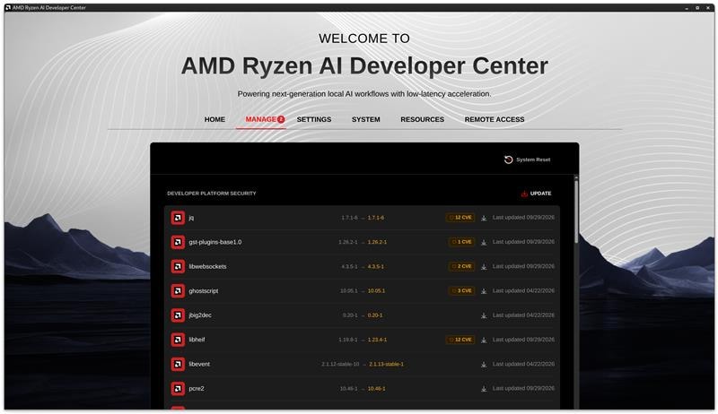 Linux Developer Center Manage tab with the Developer Platform Security section listing packages with pending security updates