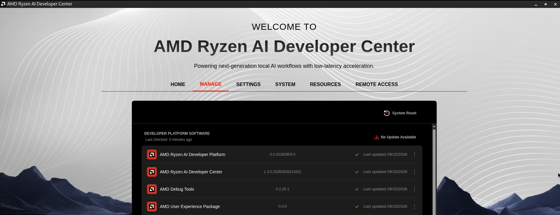 Linux Developer Center Manage tab with the System Reset button
