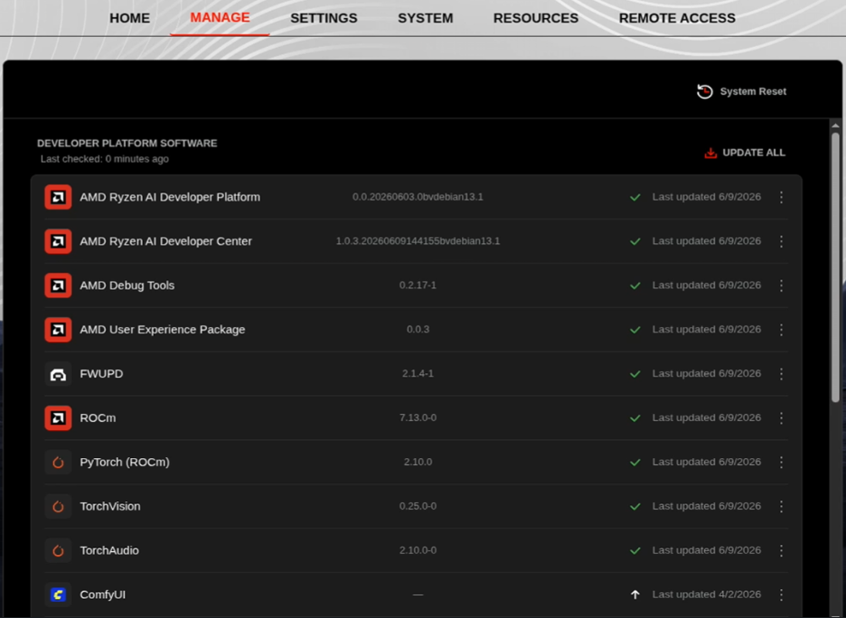 Linux Developer Center Manage tab listing developer platform software