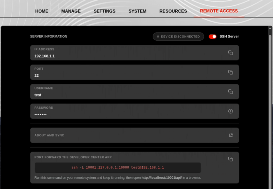 Linux Developer Center Remote Access tab with SSH server toggle and connection details