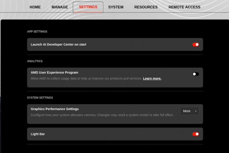 Linux Developer Center Settings tab