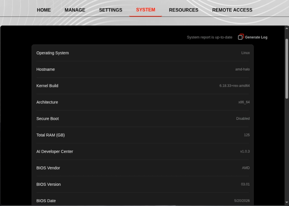 Linux Developer Center System tab showing system information