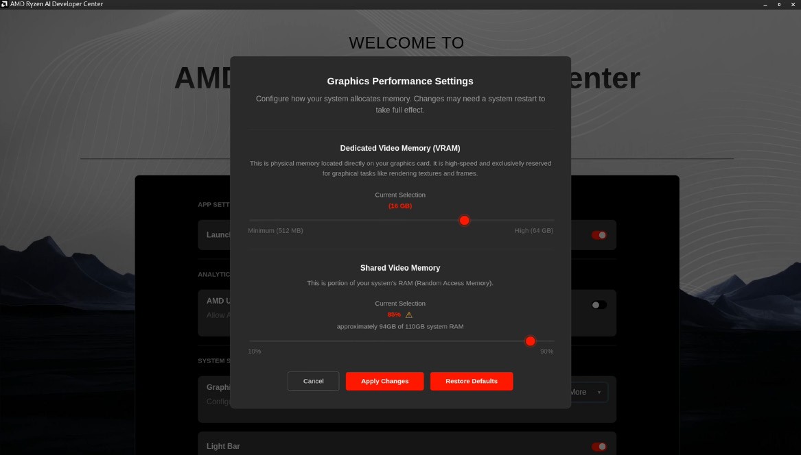 Linux Graphics Performance Settings with Dedicated and Shared Video Memory sliders