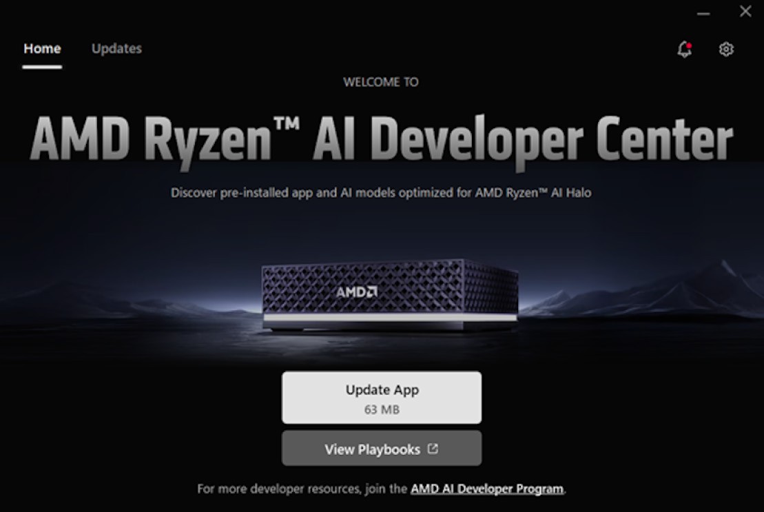 AMD Ryzen AI Developer Center first-boot Home screen with the Update App button
