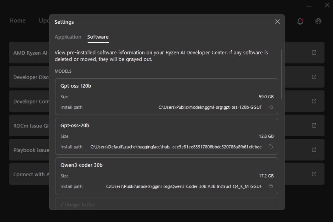 Windows Settings Software tab listing pre-installed models and software