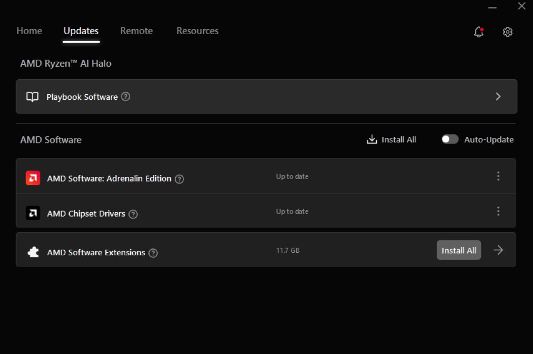 Windows Updates page with Playbook Software and AMD Software sections