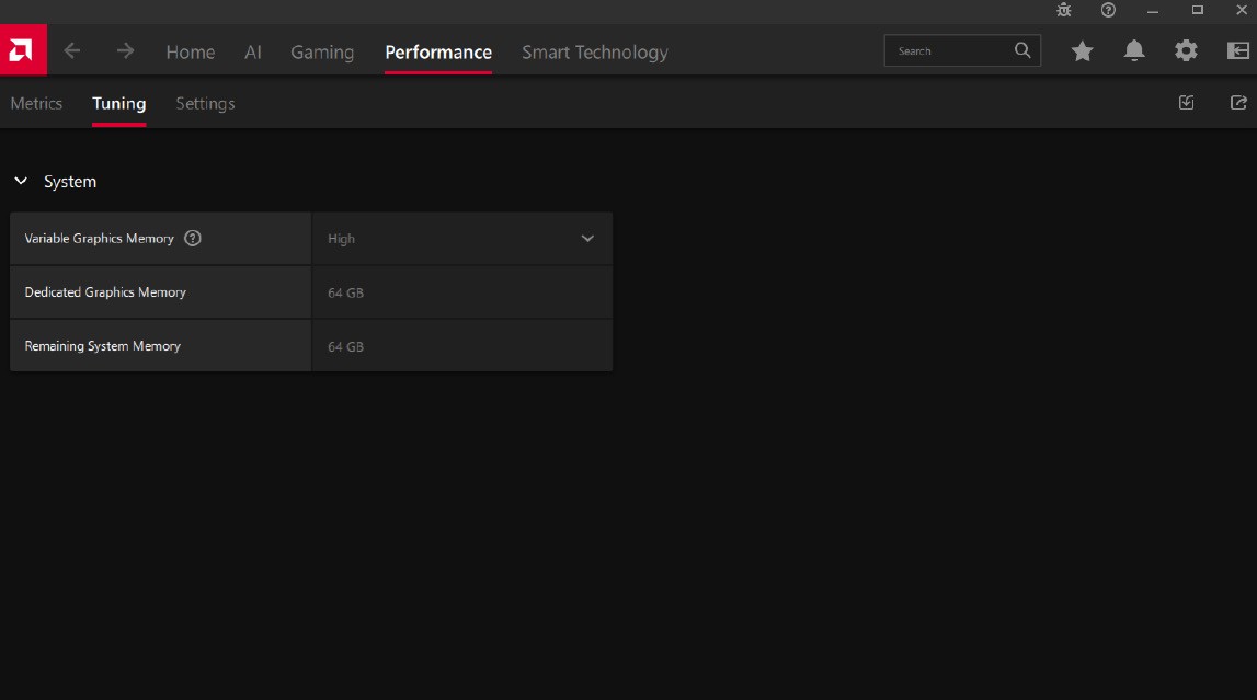 AMD Software Adrenalin Edition Performance Tuning tab with the Variable Graphics Memory setting