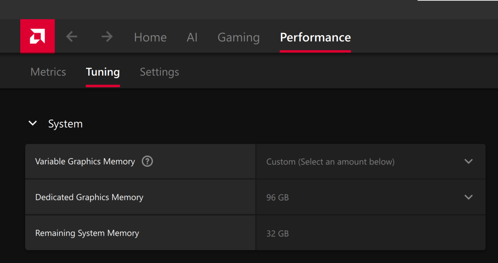 AMD Software Adrenalin Edition — AMD Variable Graphics Memory panel
