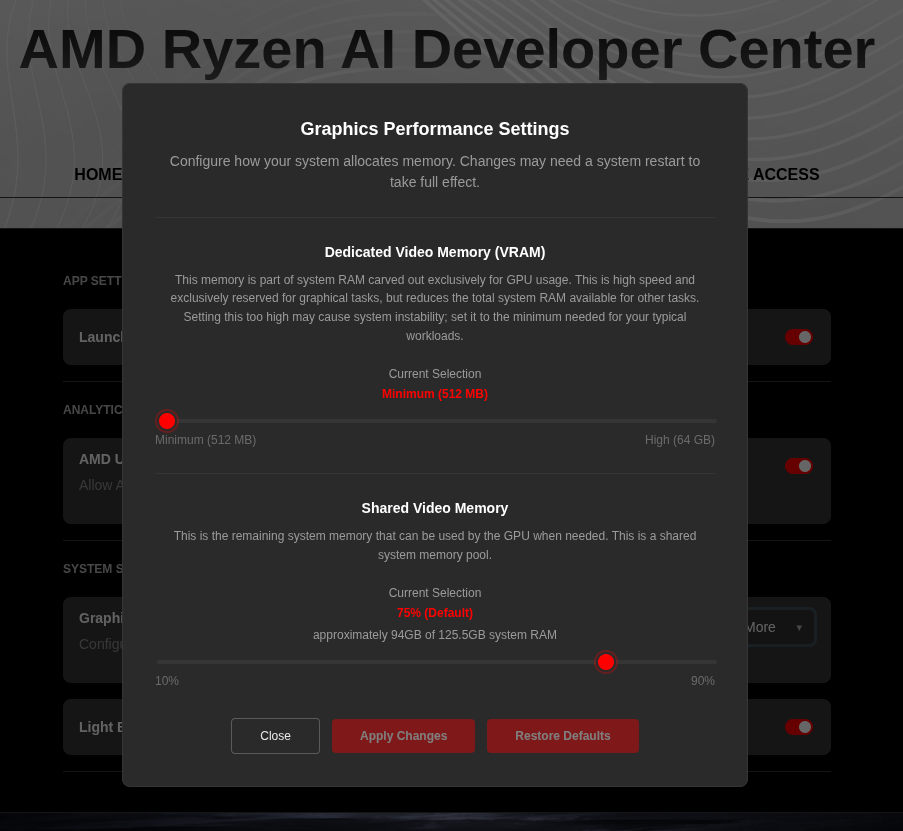 AMD Ryzen AI Developer Center — Graphics Performance Settings with Shared Video Memory slider