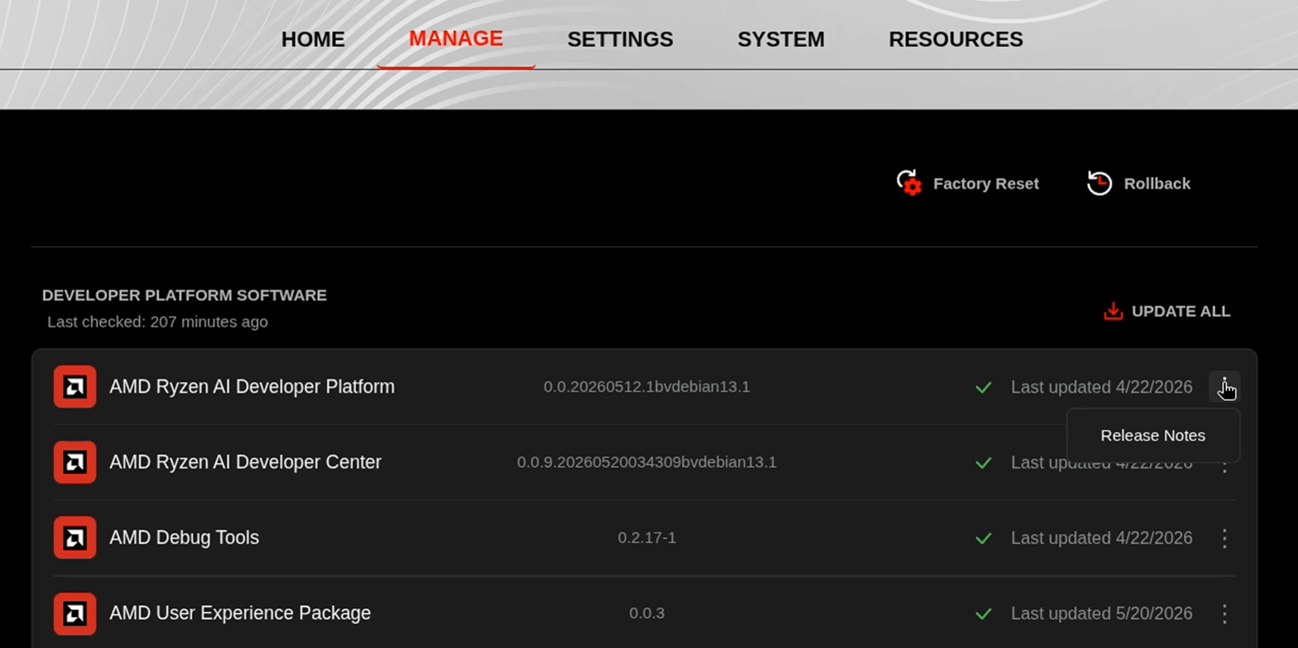 AMD Ryzen AI Developer Center — Manage tab on Linux